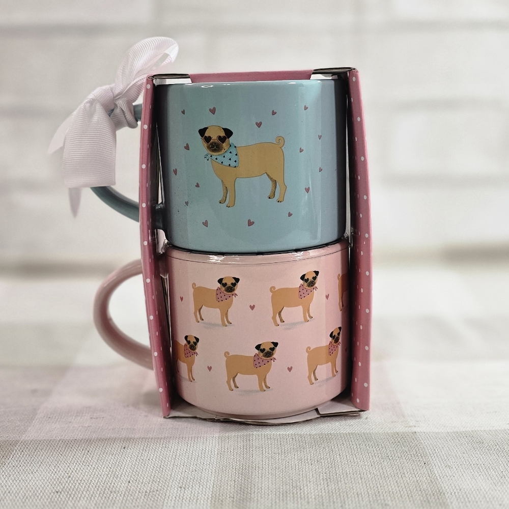 Elum Home Valentine's Day Pug Cute Dog Hearts Set of 2 Ceramic Mugs 16 oz New